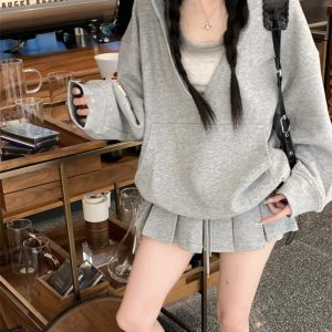 Women's Solid Color Hooded Sweatshirt Three-Piece Set with Skirt and Vest