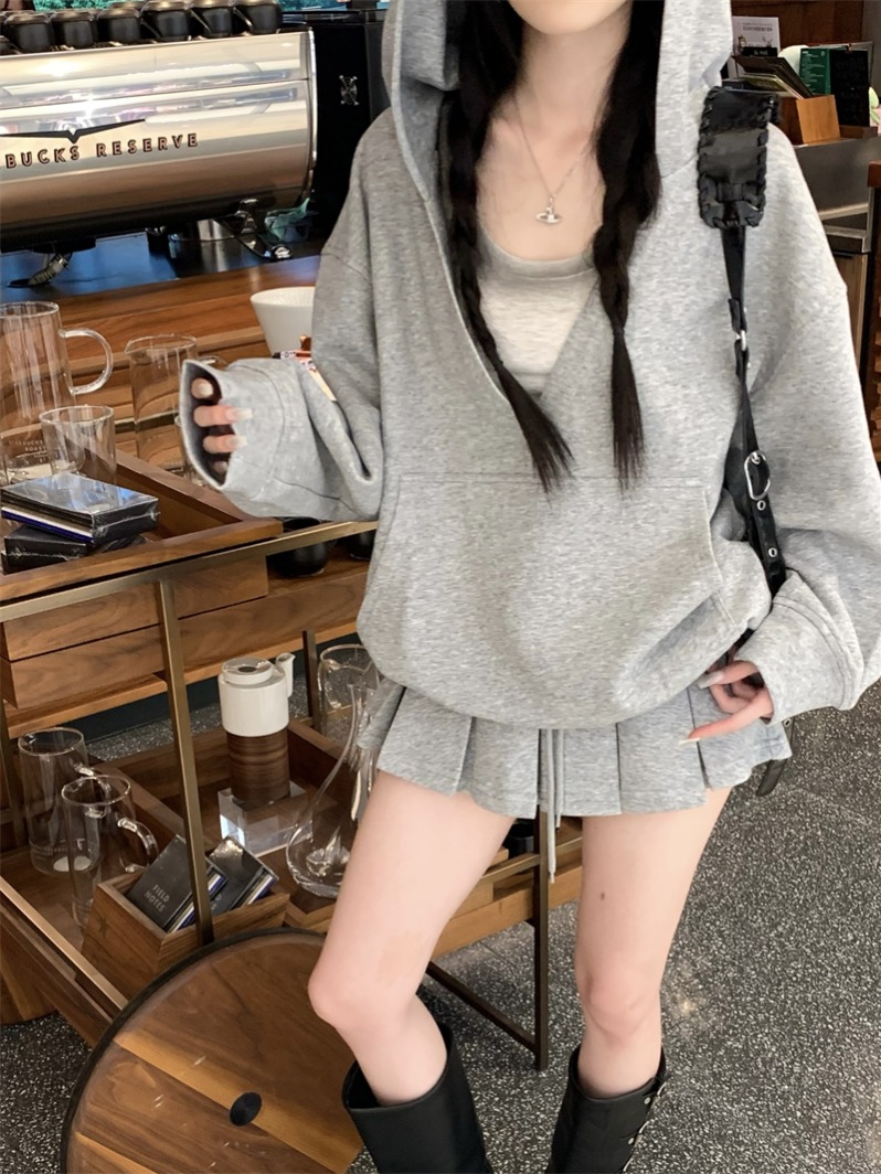 Women's Solid Color Hooded Sweatshirt Three-Piece Set with Skirt and Vest