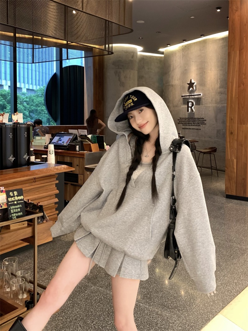 Women's Solid Color Hooded Sweatshirt Three-Piece Set with Skirt and Vest - Image 2