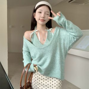 Knit Sweater Vest and Polka Dot Skirt Three-Piece Set for Women