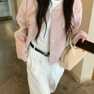Pink Baseball Jacket Two-Piece Set Short Woolen Coat Korean Commuter Style