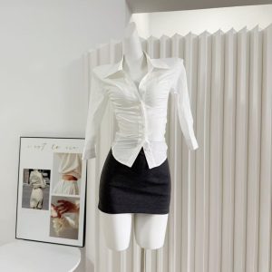 Women's White Folded Collar Pleated Long Sleeve Shirt Slim Fit Button Down Top