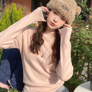 Women's Half Turtleneck Knit Base Layer Sweater Lace Lazy Style Top