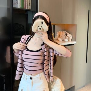 Striped Halter Cami and 3/4 Sleeve Cardigan Knit Two-Piece Set for Women