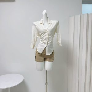Women's White Lazy Tie-Front Linen-Look Cropped Shirt Summer Top