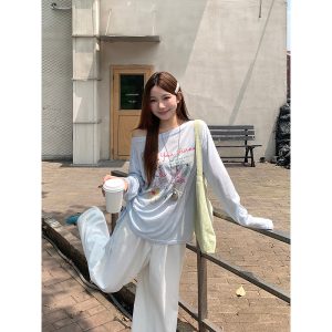 Women's Summer Drawstring Sun Protection Top with Graffiti Print