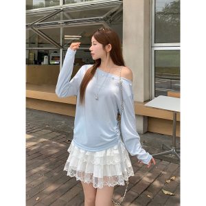 Sweet and Spicy Off-Shoulder Sun Protection Cover-Up Women Summer Shell Decoration Side Drawstring Loose Slimming Top