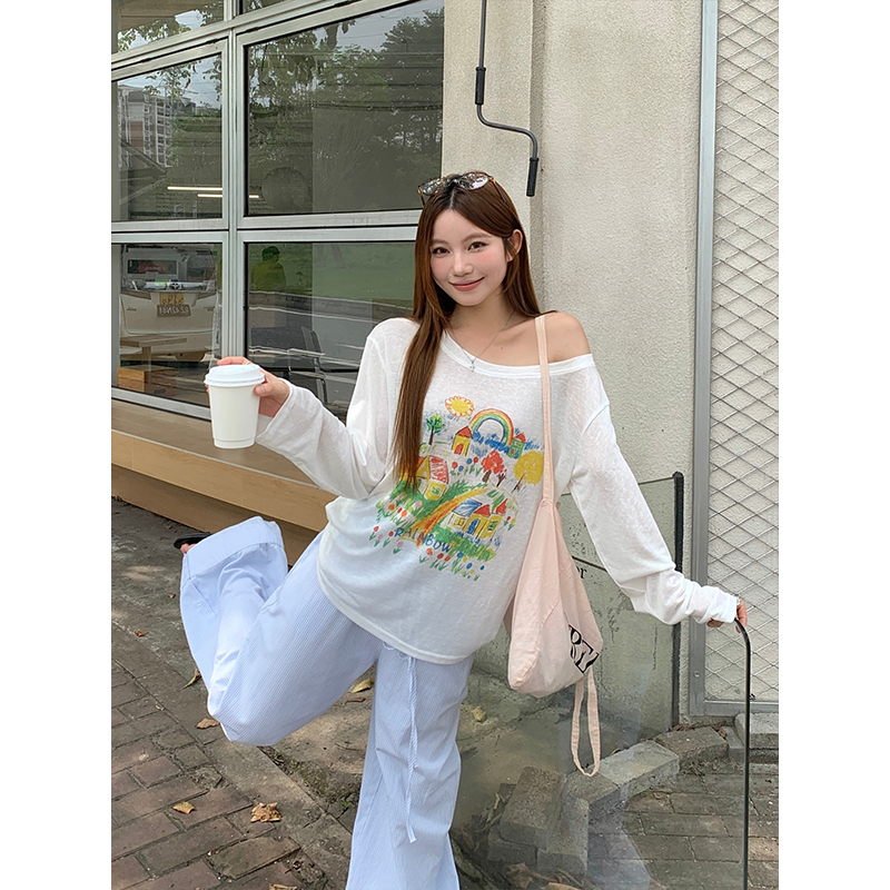 Women's Cartoon Crayon Print Sun Protection Top Summer Loose Fit Long Sleeve Pullover - Image 4