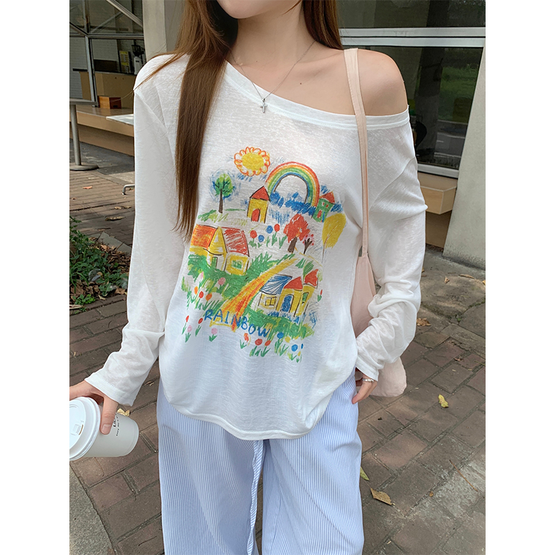Women's Cartoon Crayon Print Sun Protection Top Summer Loose Fit Long Sleeve Pullover