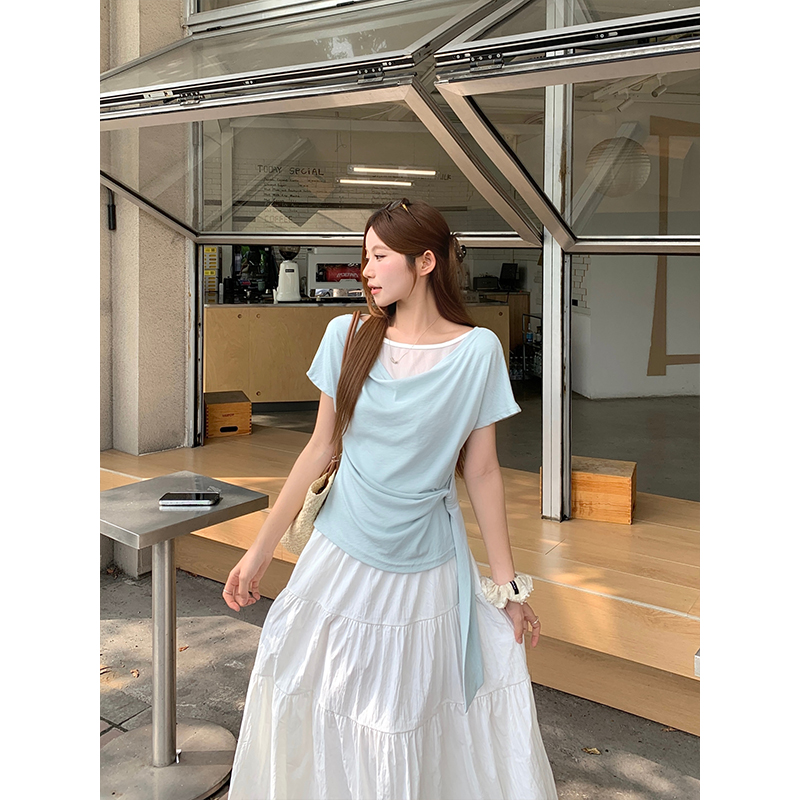 Women's Faux Two-Piece Short Sleeve T-Shirt Summer 2026 Side Tie Waist Slimming Off-Shoulder Top - Image 3