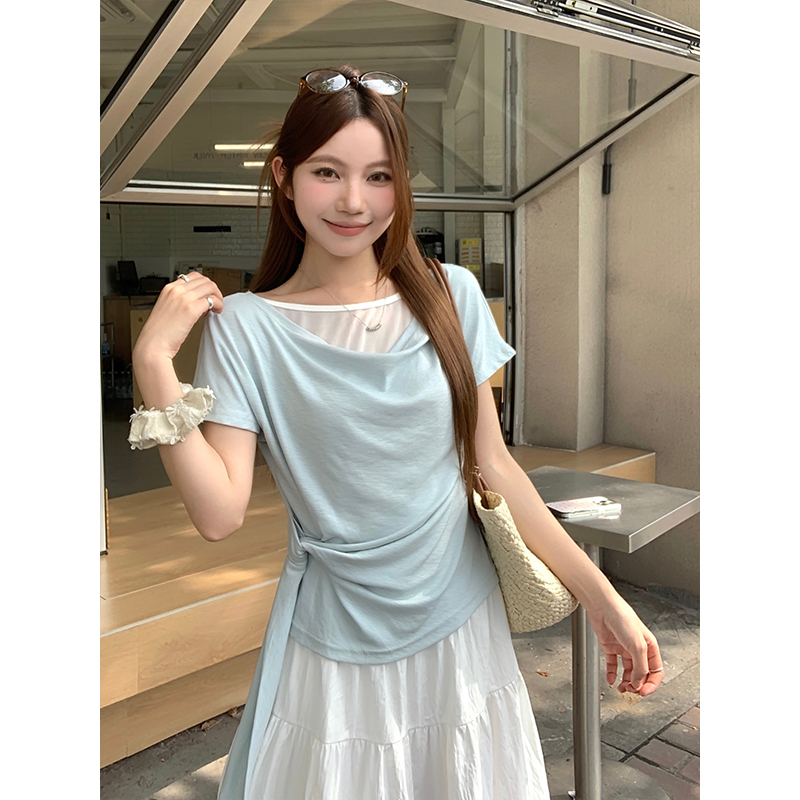 Women's Faux Two-Piece Short Sleeve T-Shirt Summer 2026 Side Tie Waist Slimming Off-Shoulder Top - Image 4