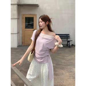 Women's Faux Two-Piece Short Sleeve T-Shirt Summer 2026 Side Tie Waist Slimming Off-Shoulder Top