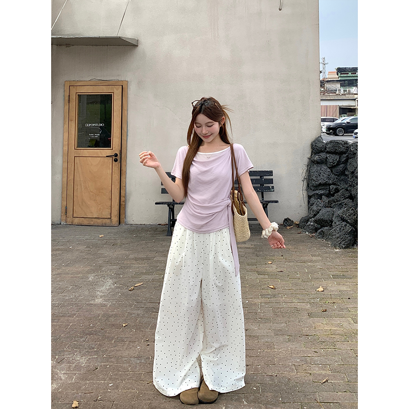 Women's Faux Two-Piece Short Sleeve T-Shirt Summer 2026 Side Tie Waist Slimming Off-Shoulder Top - Image 2