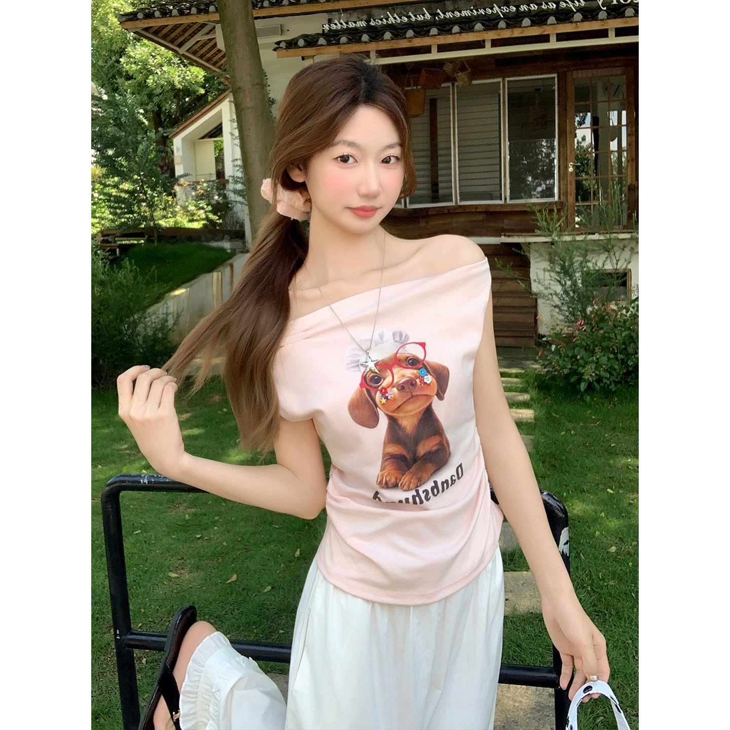 Sweet and Spicy Off-Shoulder Cartoon Print Sleeveless T-Shirt for Women Summer Slim Fit Top - Image 3