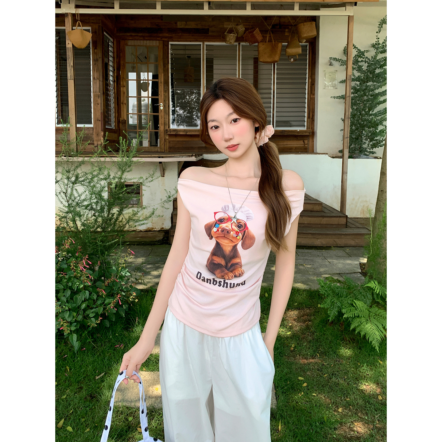 Sweet and Spicy Off-Shoulder Cartoon Print Sleeveless T-Shirt for Women Summer Slim Fit Top - Image 4