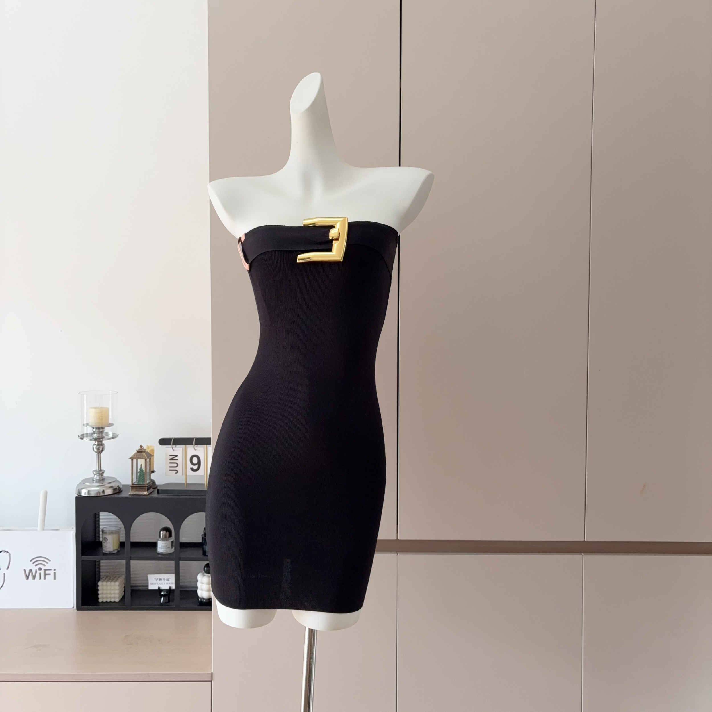 FAY Square Buckle Black Strapless Bodycon Dress for Women - Image 2