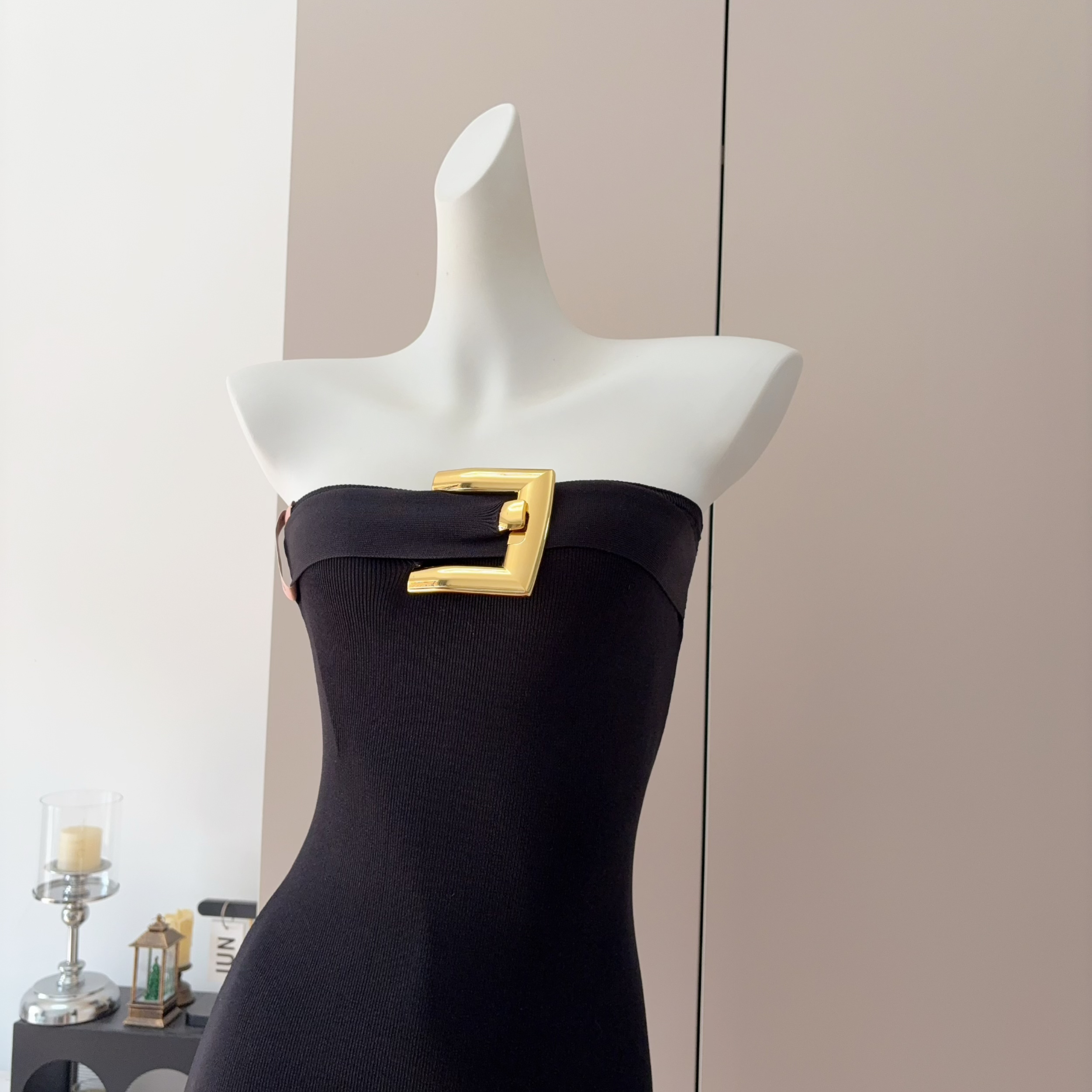 FAY Square Buckle Black Strapless Bodycon Dress for Women - Image 3