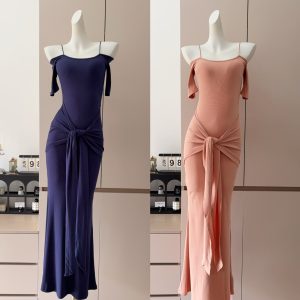 Korean Off-Shoulder Cami Dress with Waist Tie and Mermaid Hem