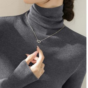 Women's Gray Turtleneck Knit Base Layer Top Slim Fit Long Sleeve
