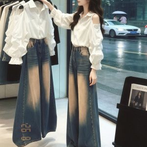 White Off-Shoulder Lantern Sleeve Shirt Women's Early Autumn 2026 Korean Style Gentle Top