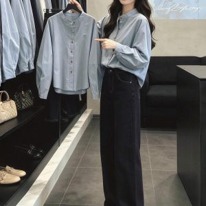 Blue Loose Stand Collar Button Shirt Women 2026 Early Autumn French Style Top