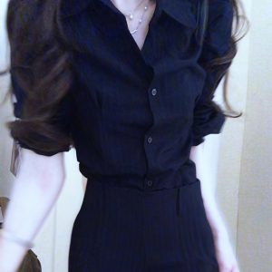Navy Button Loose Shirt 2026 Summer Collared Beach Vacation Sun Protection Light Mature Top