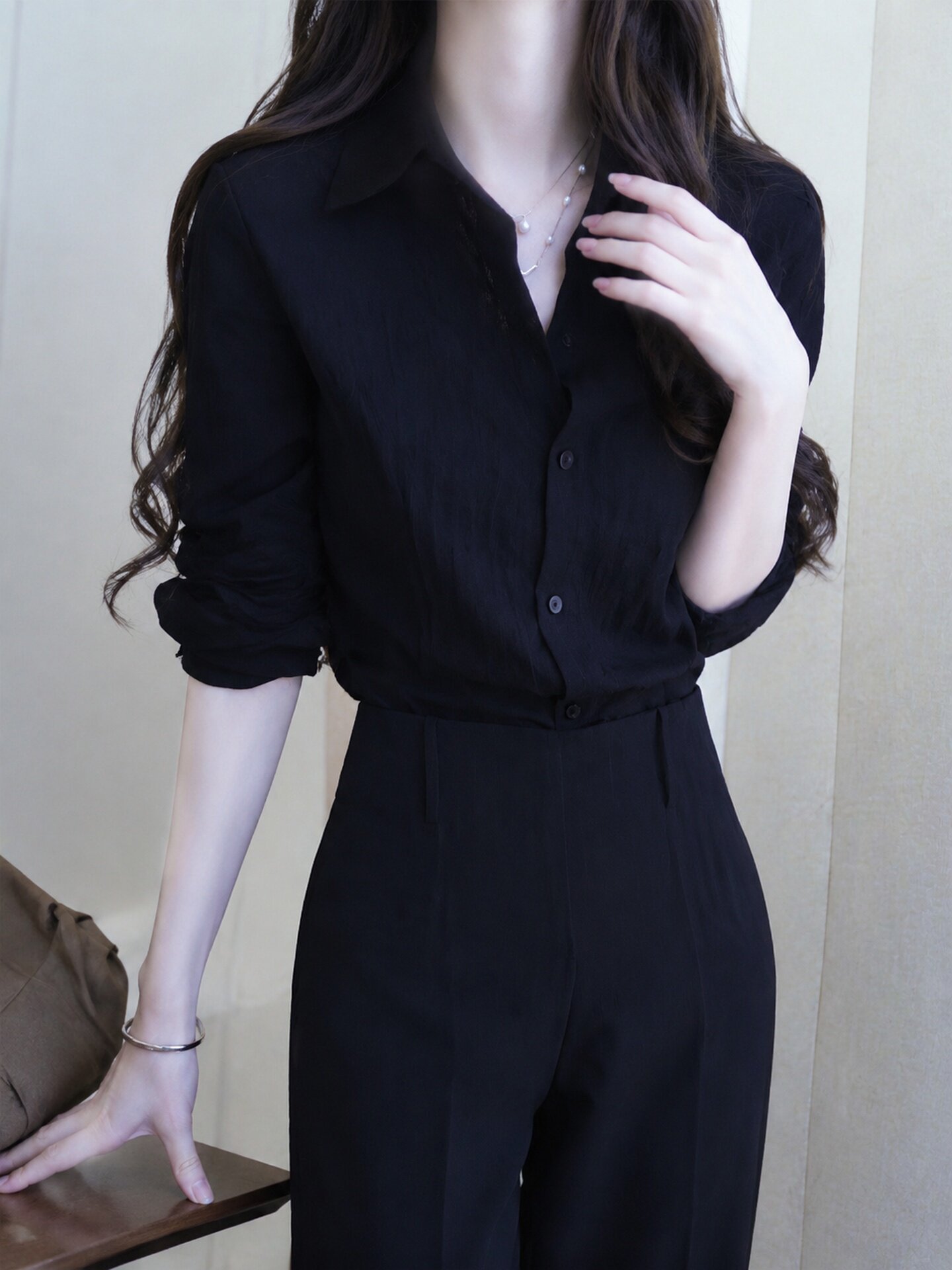 Navy Button Loose Shirt 2026 Summer Collared Beach Vacation Sun Protection Light Mature Top - Image 3