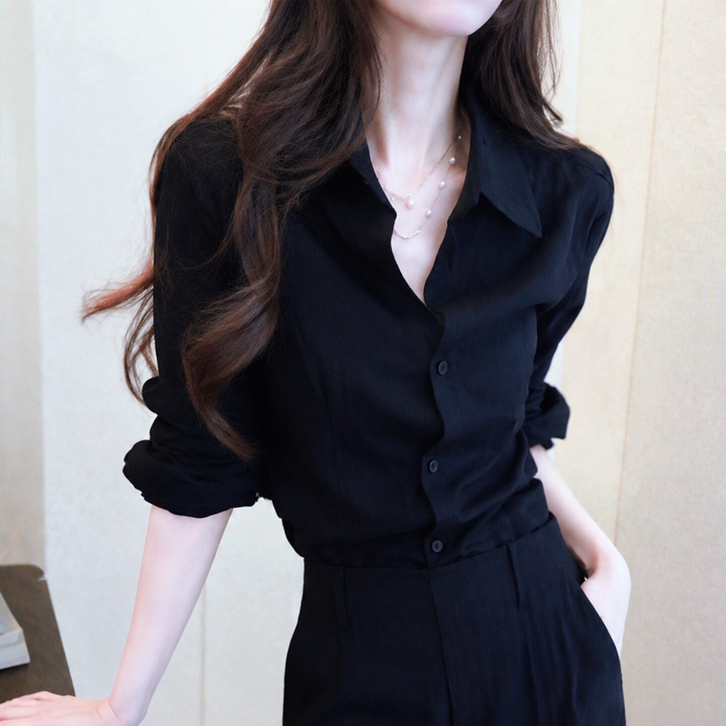 Navy Button Loose Shirt 2026 Summer Collared Beach Vacation Sun Protection Light Mature Top - Image 5