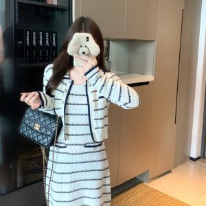 Lazy Casual Striped Loose Knit Vest Dress Two-Piece Set