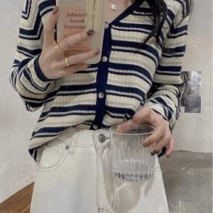 V-Neck Knit Cardigan Women Spring Autumn 2026 Plus Size Slimming Striped Long Sleeve Top