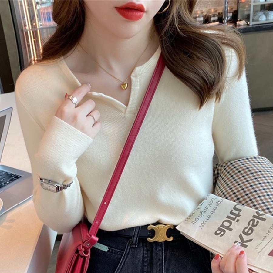 Women's V-Neck Long Sleeve Knit Base Layer Top Autumn 2026 Slim Fit Pullover Sweater - Image 5