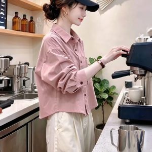 Pink Collared Button-Down Shirt for Women 2026 Fall Long Sleeve Loose Fit Casual Top